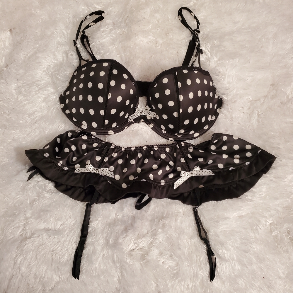 Victoria's Secret Black Dot Bra & Skirted Thong